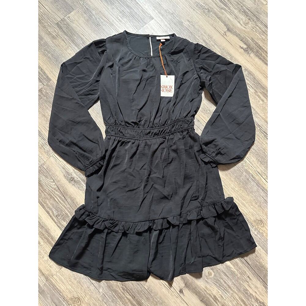 Knox Rose Women's Long Sleeve Satin Dress Black Size XS Bubble Sleeve LBD